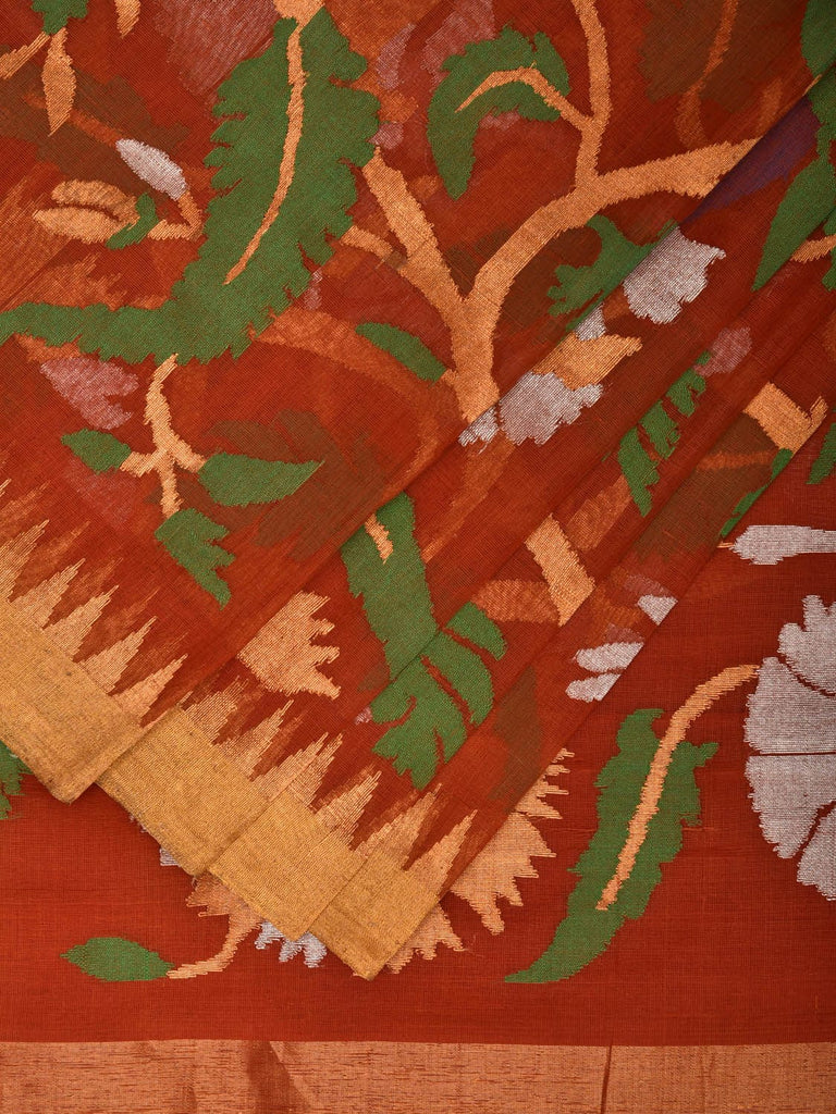 Rust Khadi Cotton Handloom Saree with All Over Floral and Peacocks Design kh0678