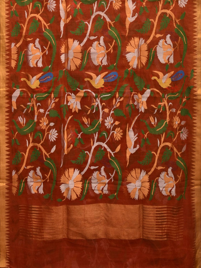 Rust Khadi Cotton Handloom Saree with All Over Floral and Peacocks Design kh0678