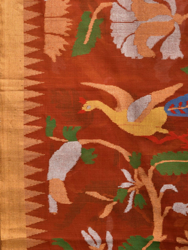 Rust Khadi Cotton Handloom Saree with All Over Floral and Peacocks Design kh0678
