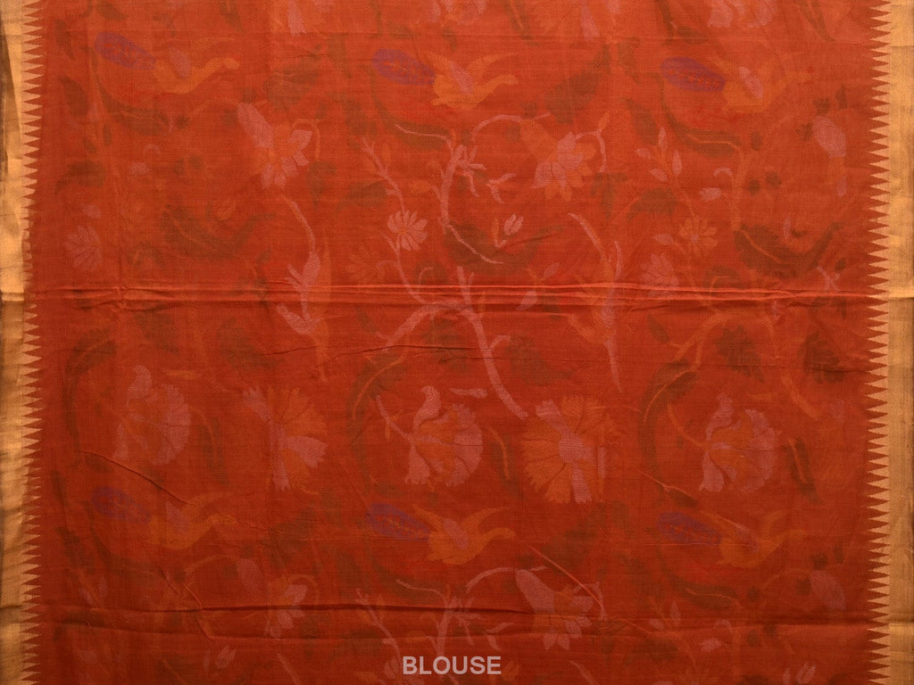 Rust Khadi Cotton Handloom Saree with All Over Floral and Peacocks Design kh0678
