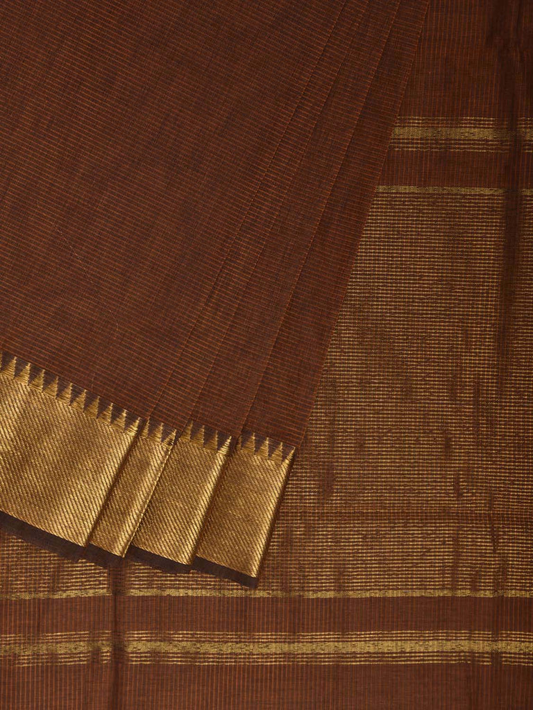 Rust Mangalgiri Cotton Handloom Saree with Strips and Small Temple Border Design No Blouse mn0121