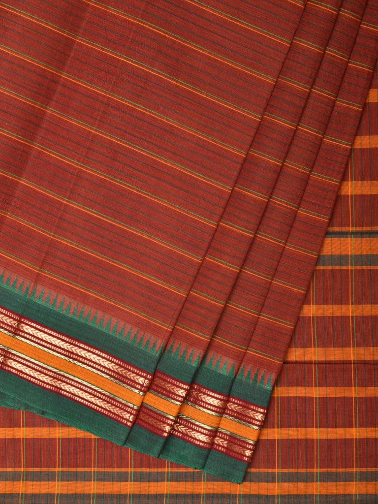 Rust Narayanpet Cotton Handloom Saree with Strips Design No Blouse np0791