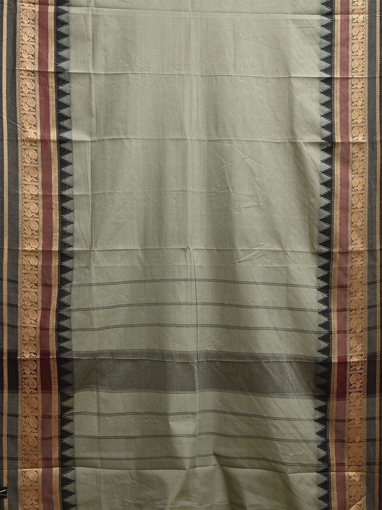 Sea Green and Black Kanchipuram Cotton Plain Saree with Temple Border Design k0914