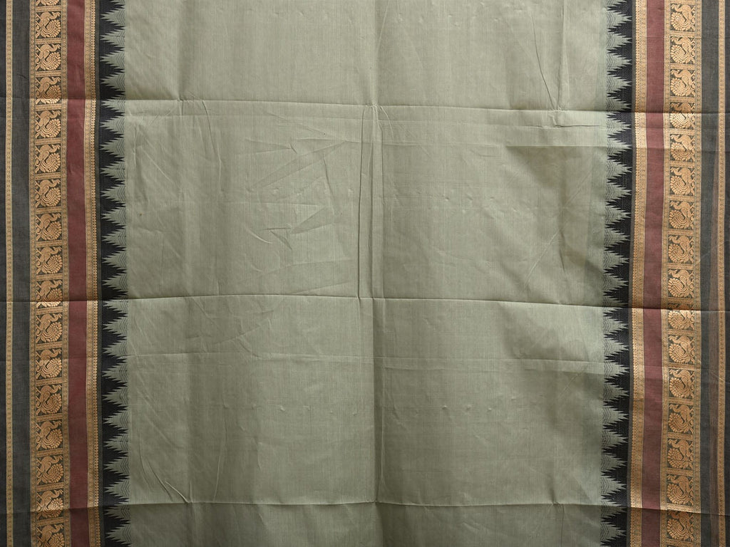 Sea Green and Black Kanchipuram Cotton Plain Saree with Temple Border Design k0914