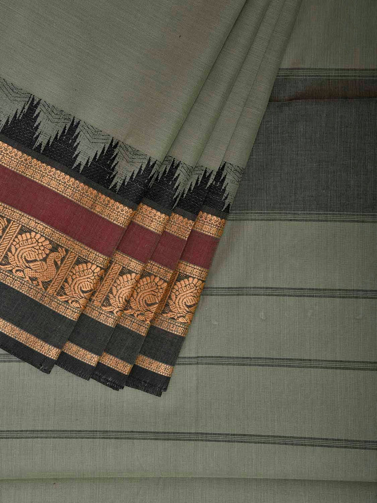 Sea Green and Black Kanchipuram Cotton Plain Saree with Temple Border Design k0914