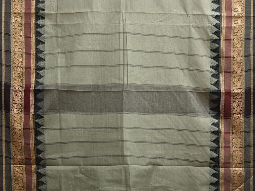 Sea Green and Black Kanchipuram Cotton Plain Saree with Temple Border Design k0914