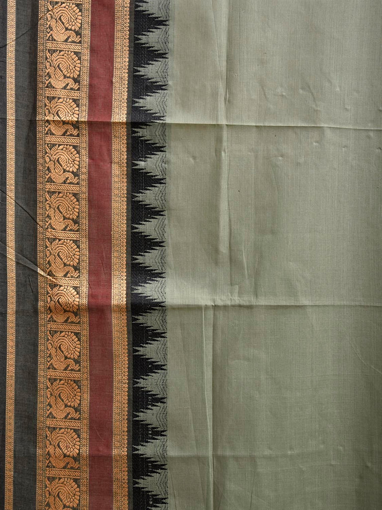 Sea Green and Black Kanchipuram Cotton Plain Saree with Temple Border Design k0914