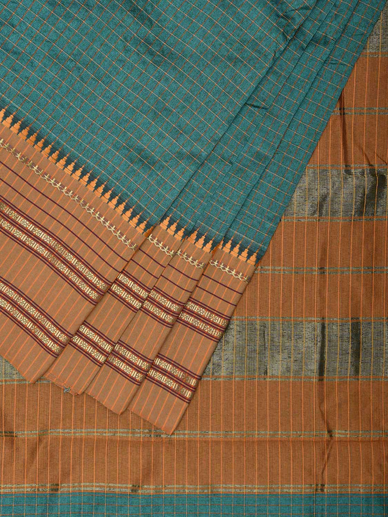 Teal and Mustard Bamboo Cotton Viscose Silk Saree with Checks Design No Blouse bc0649