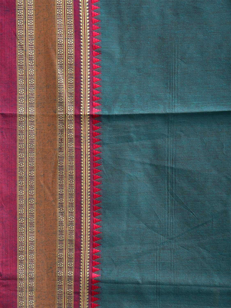 Teal and Red Bamboo Cotton Plain Saree with Strips Pallu Design No Blouse bc0792