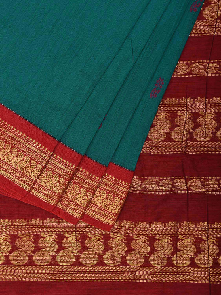 Teal and Red Gadwal Cotton Viscose Saree with Border and Pallu Design g0459