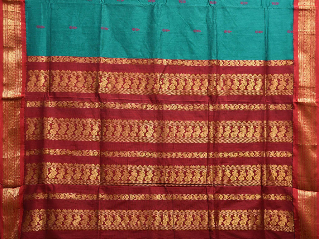 Teal and Red Gadwal Cotton Viscose Saree with Border and Pallu Design g0459
