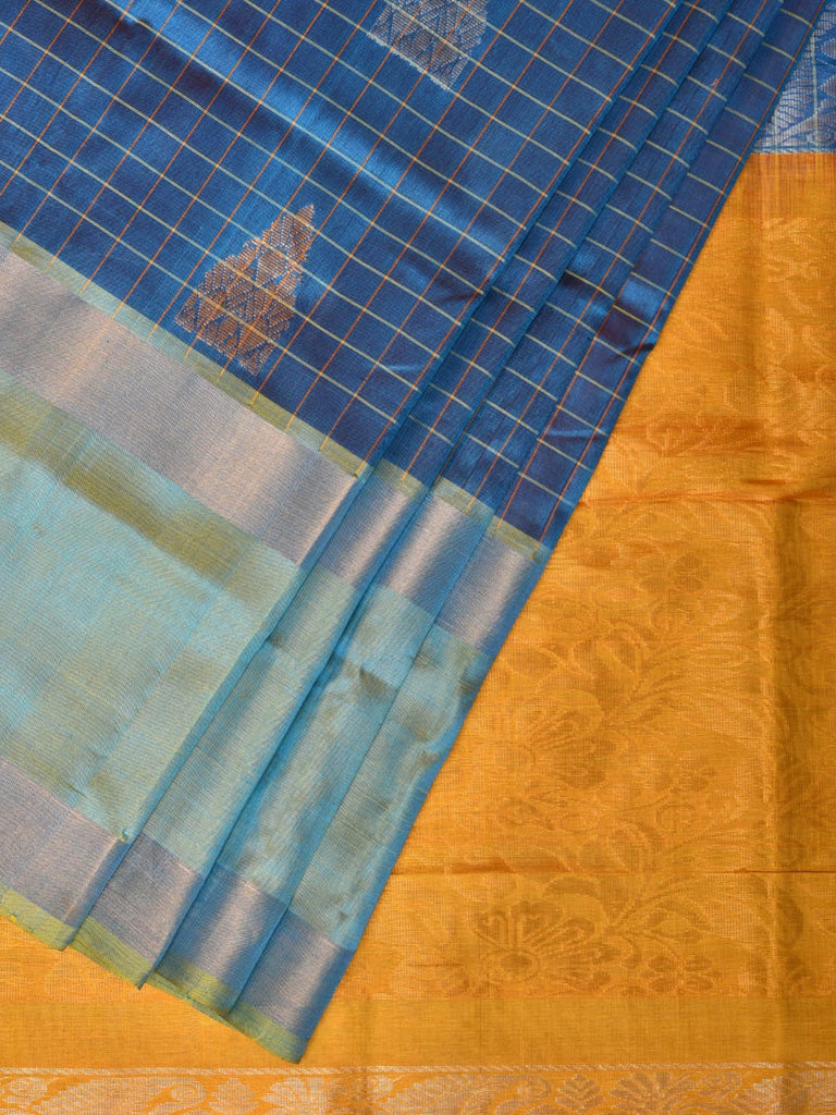 Teal and Yellow Uppada Silk Handloom Saree with Checks, Buta and Pallu Design u2080