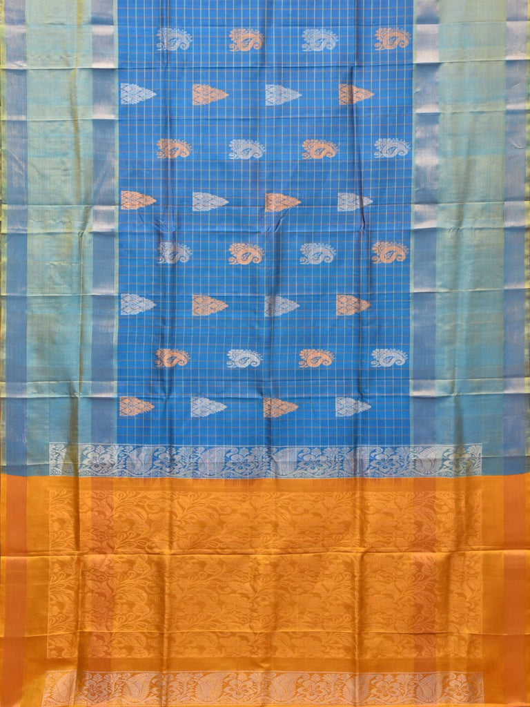 Teal and Yellow Uppada Silk Handloom Saree with Checks, Buta and Pallu Design u2080