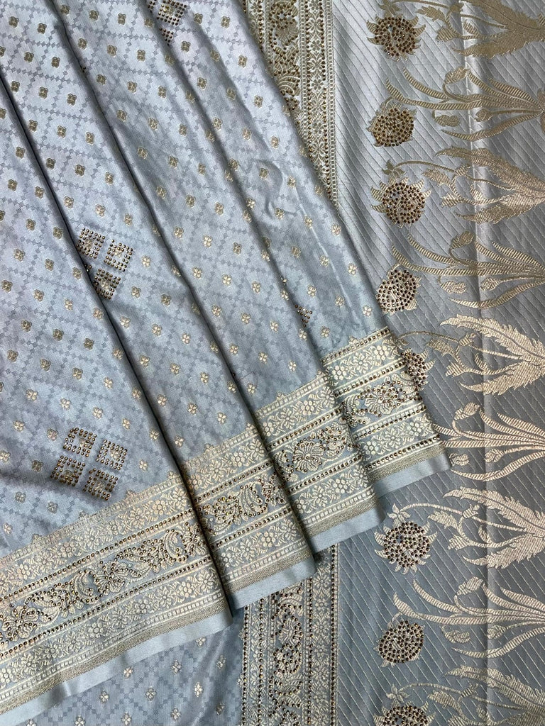 Teal Banaras Katan Silk Saree with Body Butti and Stone Work Design b0418ds