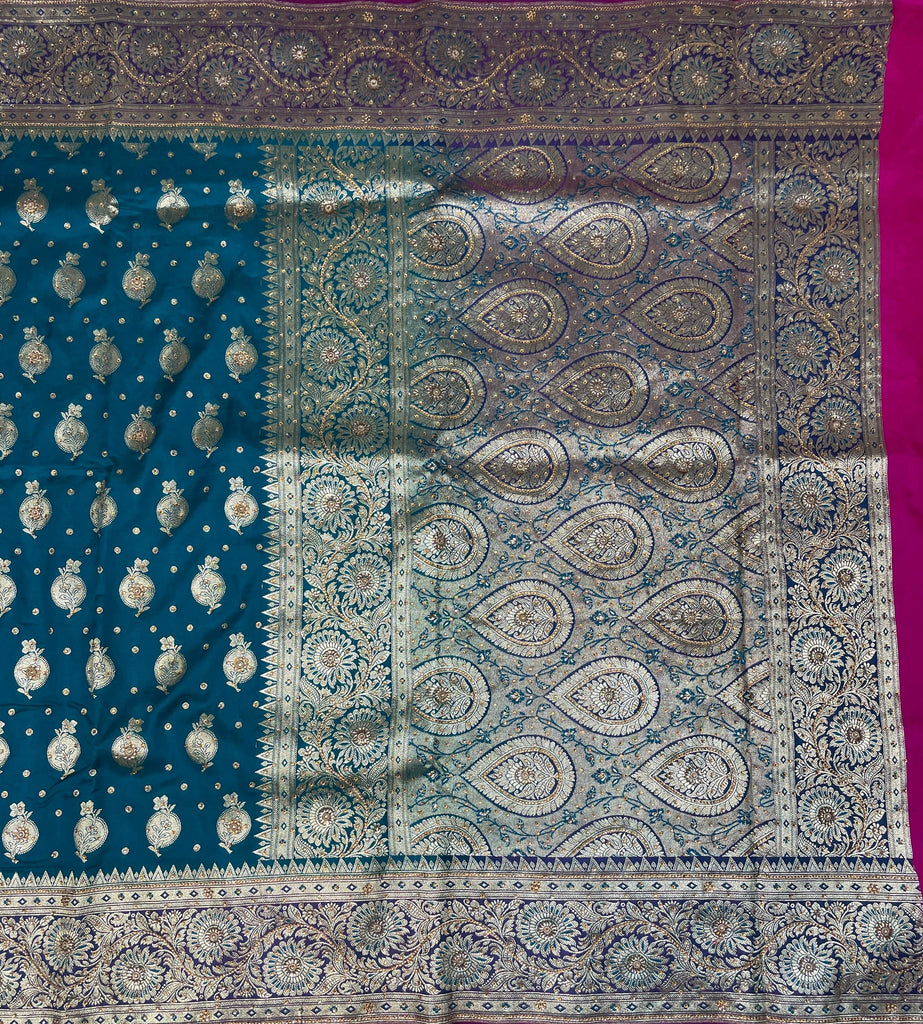 Teal Blue And Pink Katan Banarasi Saree with Silver Zari Floral Weaving And Grand Pallu B0621ds