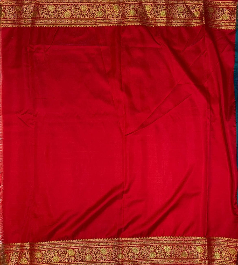 Teal Blue And Red Katan Banarasi Saree with Silver Zari Floral Weaving And Grand Pallu B0623ds