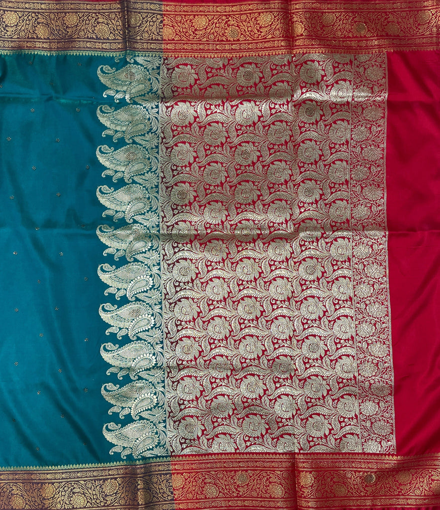 Teal Blue And Red Katan Banarasi Saree with Silver Zari Floral Weaving And Grand Pallu B0623ds