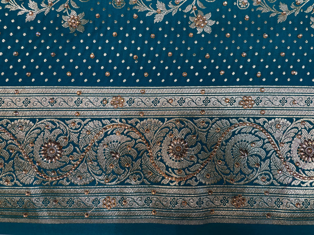 Teal Blue And Red Katan Banarasi Saree with Silver Zari Floral Weaving And Grand Pallu B0633ds