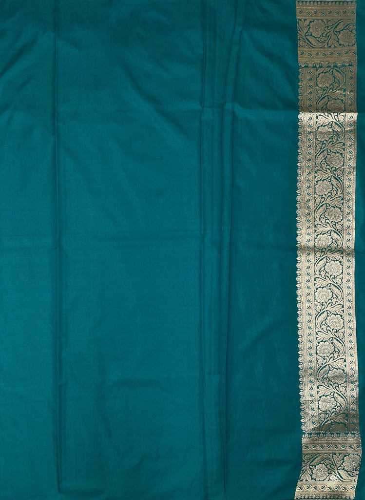 Teal Blue Katan Banarasi Saree with Silver Zari Floral Weaving And Grand Pallu B0589ds