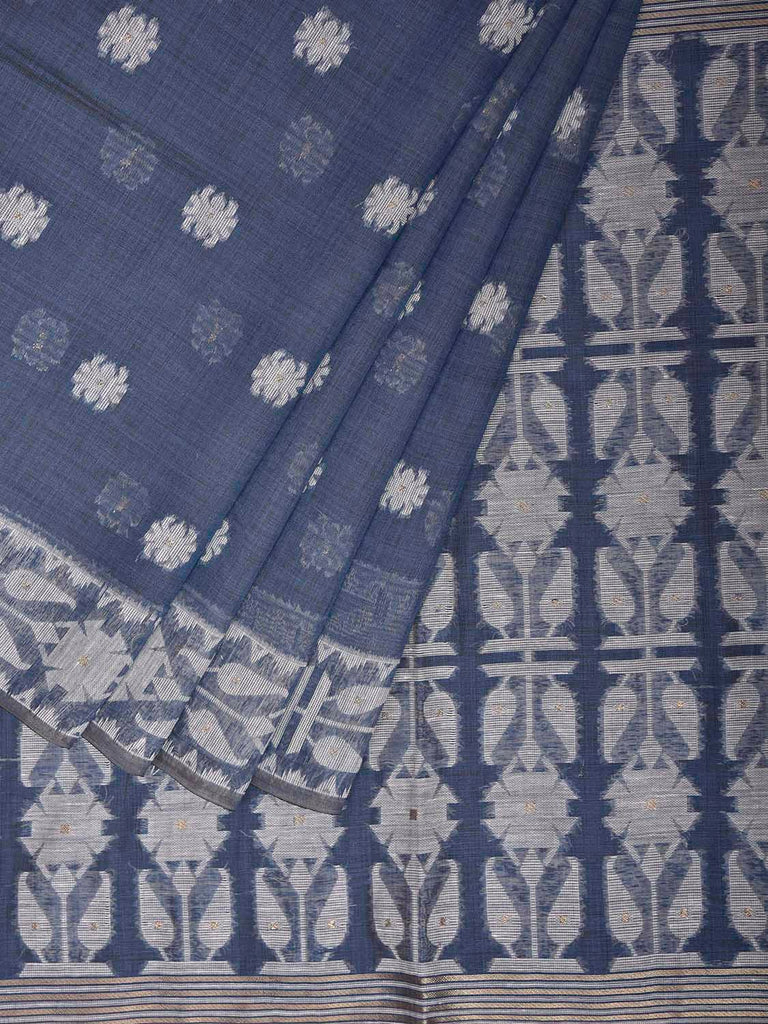 Teal Dhakai Jamdani Cotton Viscose Saree with Border and Pallu Design dj0248