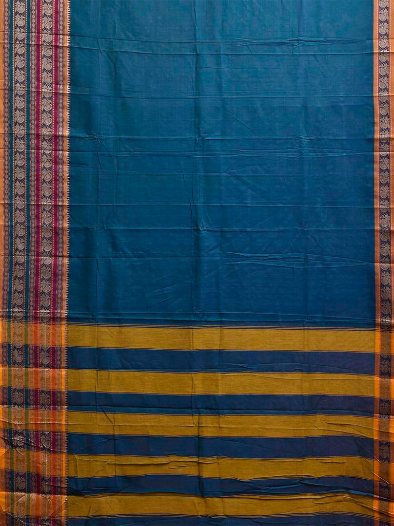 Teal Kanchipuram Cotton Plain Saree with Strips Pallu and Border Design No Blouse k0837