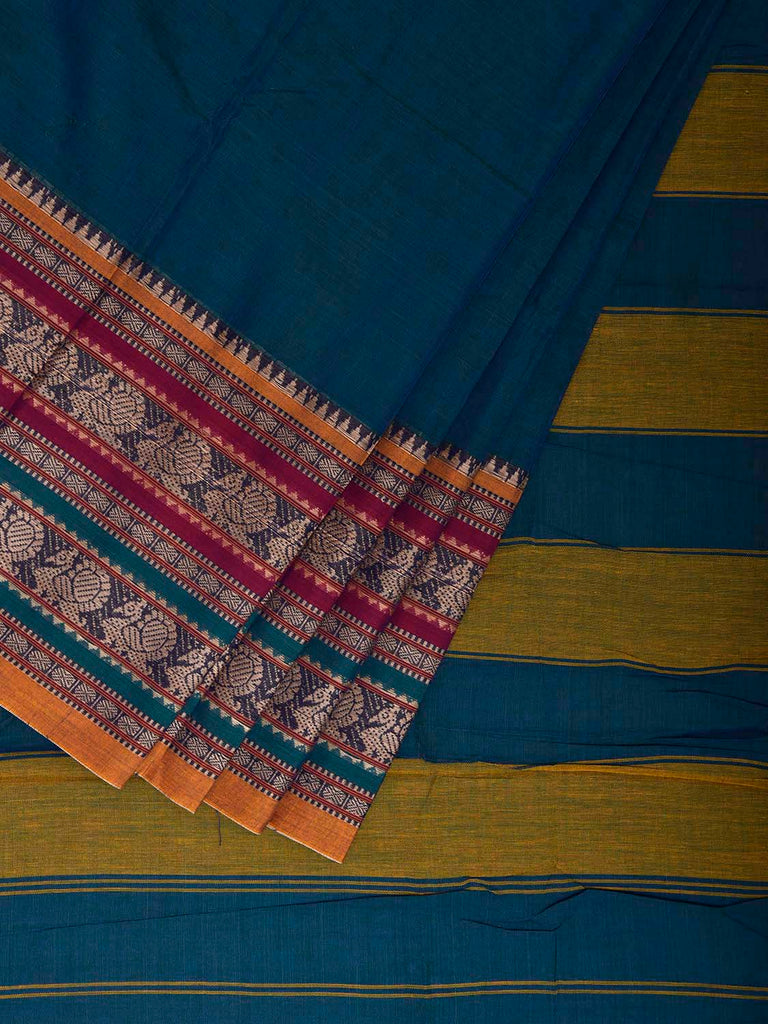 Teal Kanchipuram Cotton Plain Saree with Strips Pallu and Border Design No Blouse k0837