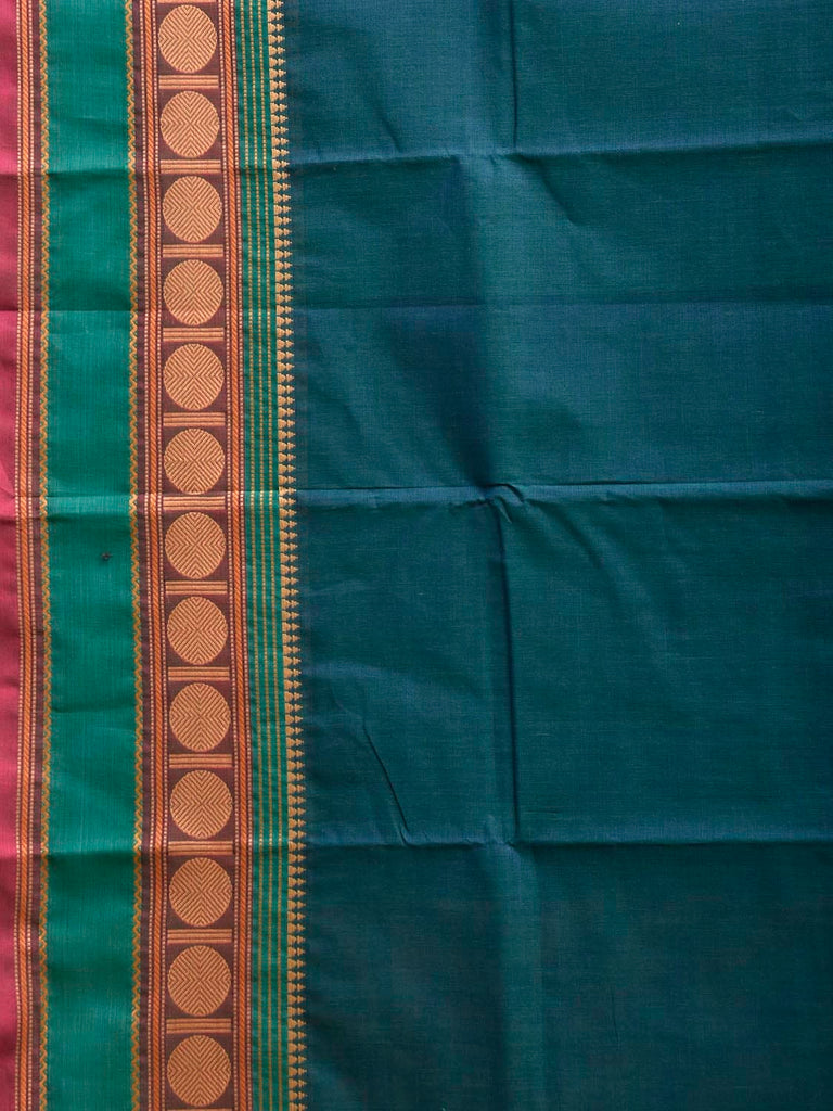 Teal Kanchipuram Cotton Plain Saree with Strips Pallu Design No Blouse k1005
