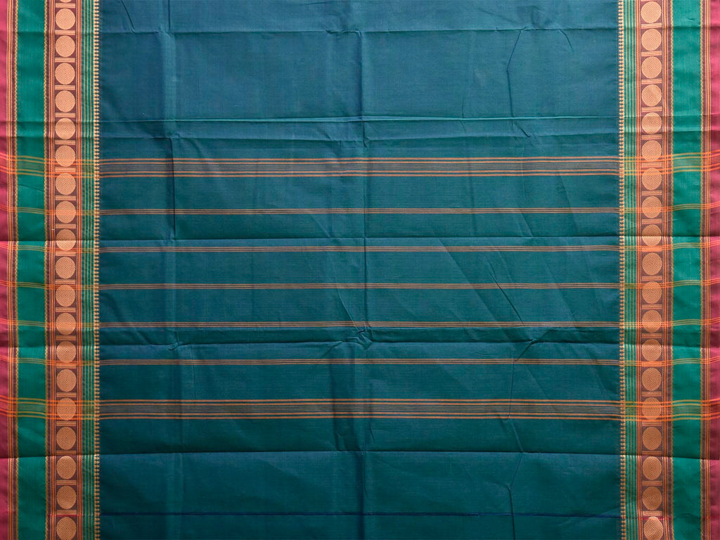 Teal Kanchipuram Cotton Plain Saree with Strips Pallu Design No Blouse k1005
