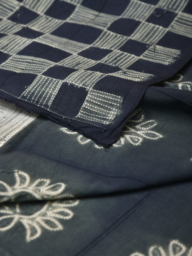 Teal Shibori Cotton Handloom Fabric with Floral and Checks Design f0241