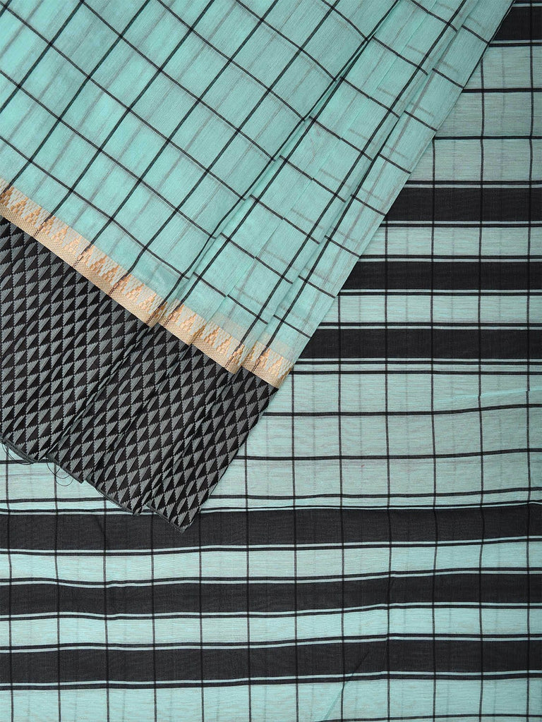 Turquoise and Black Bamboo Cotton Saree with Big Checks Design No Blouse bc0451