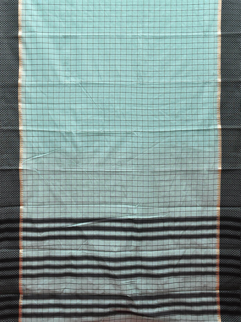 Turquoise and Black Bamboo Cotton Saree with Big Checks Design No Blouse bc0451