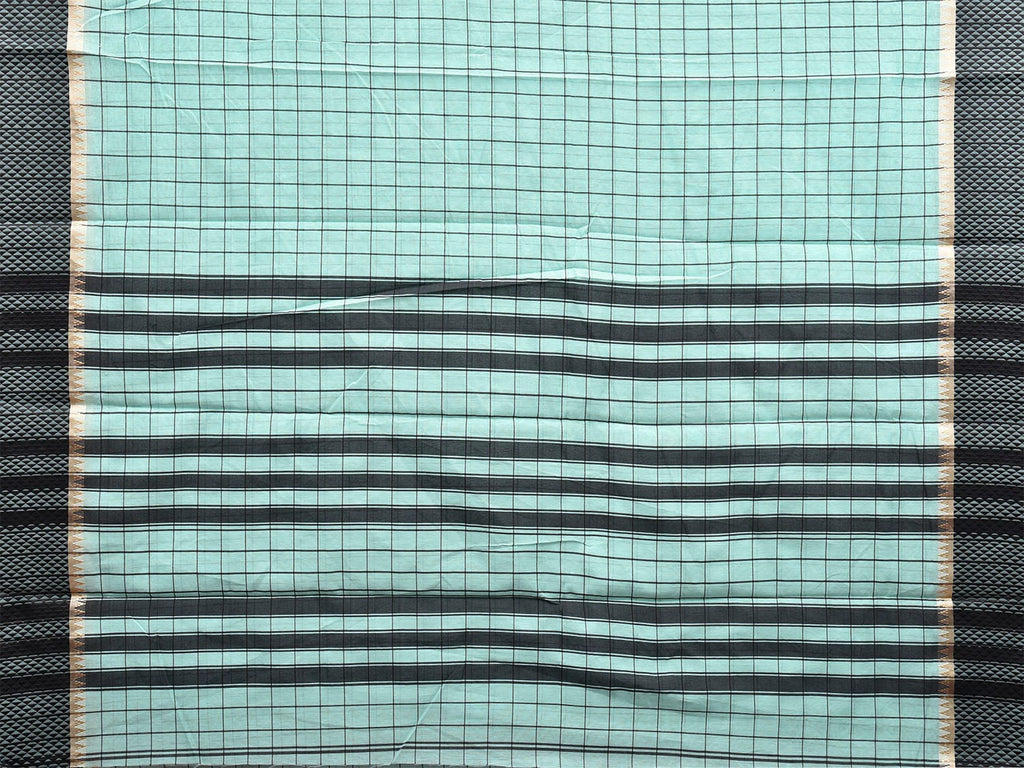 Turquoise and Black Bamboo Cotton Saree with Big Checks Design No Blouse bc0451