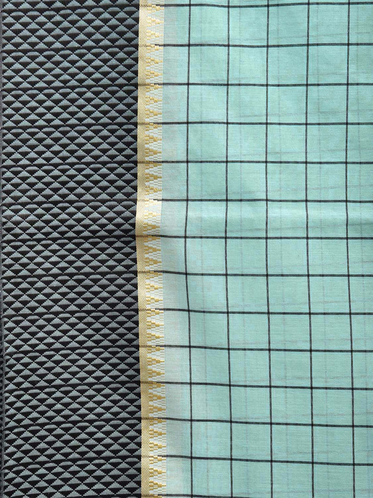 Turquoise and Black Bamboo Cotton Saree with Big Checks Design No Blouse bc0451