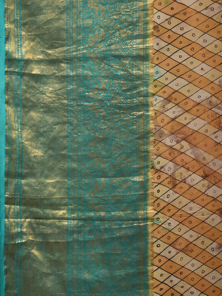 Turquoise and Burgundy Kalamkari Hand Painted Kanchipuram Silk Handloom Saree with Ramayan Theme Design KL0755
