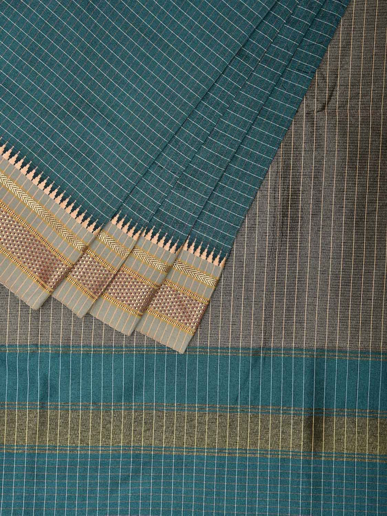 Turquoise and Cream Bamboo Viscose Silk Saree with Checks Design No Blouse bc0559