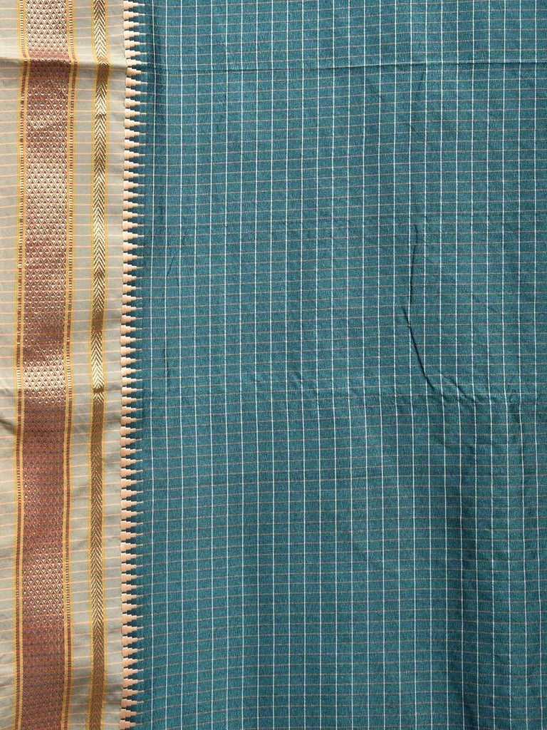 Turquoise and Cream Bamboo Viscose Silk Saree with Checks Design No Blouse bc0559