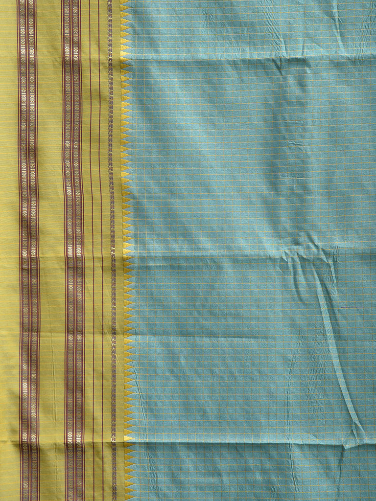 Turquoise and Green Bamboo Cotton Viscose Silk Saree with Checks Design No Blouse bc0833