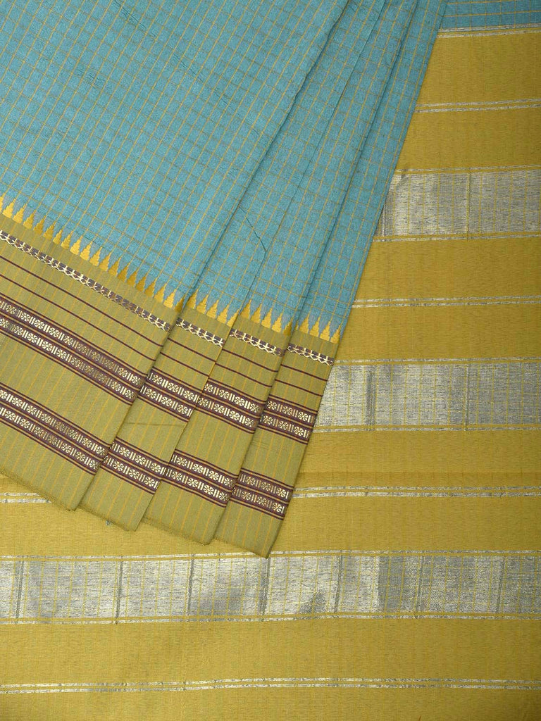 Turquoise and Green Bamboo Cotton Viscose Silk Saree with Checks Design No Blouse bc0833