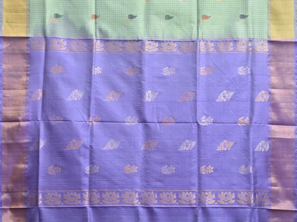 Turquoise and Lavender Uppada Silk Handloom Saree with Checks and Buta Design u2499