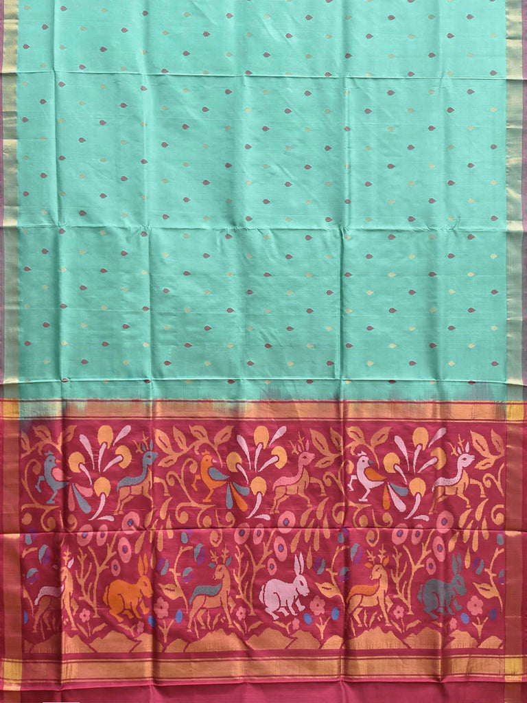 Turquoise and Pink Uppada Silk Handloom Saree with Buta and Pallu Design u2313