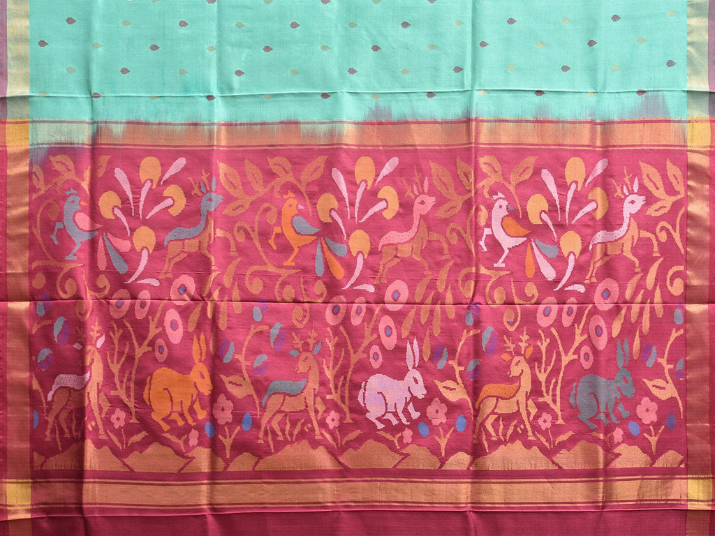 Turquoise and Pink Uppada Silk Handloom Saree with Buta and Pallu Design u2313
