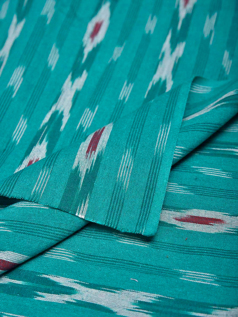 Turquoise and Red Pochampally Ikat Cotton 3mts Fabric with Strips Design f0304