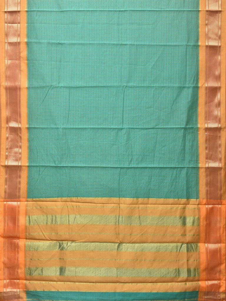 Turquoise Bamboo Cotton Saree with Checks Design bc0134