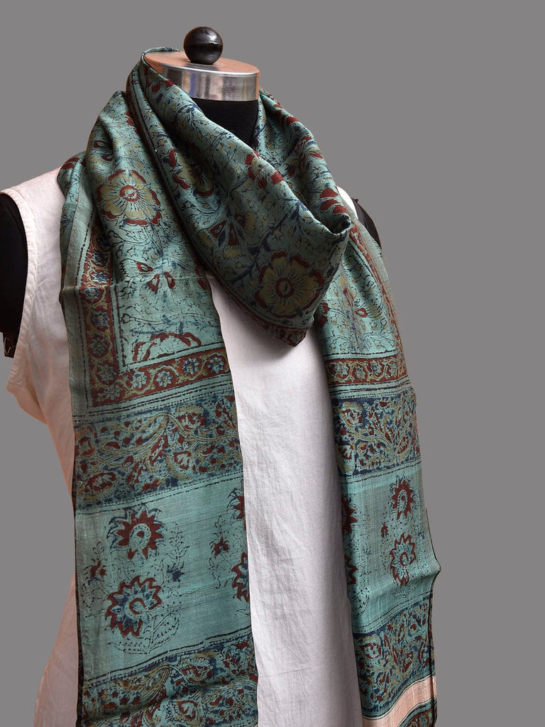 Turquoise Kalamkari Block Print Cotton Silk Dupatta with Floral Design ds3923