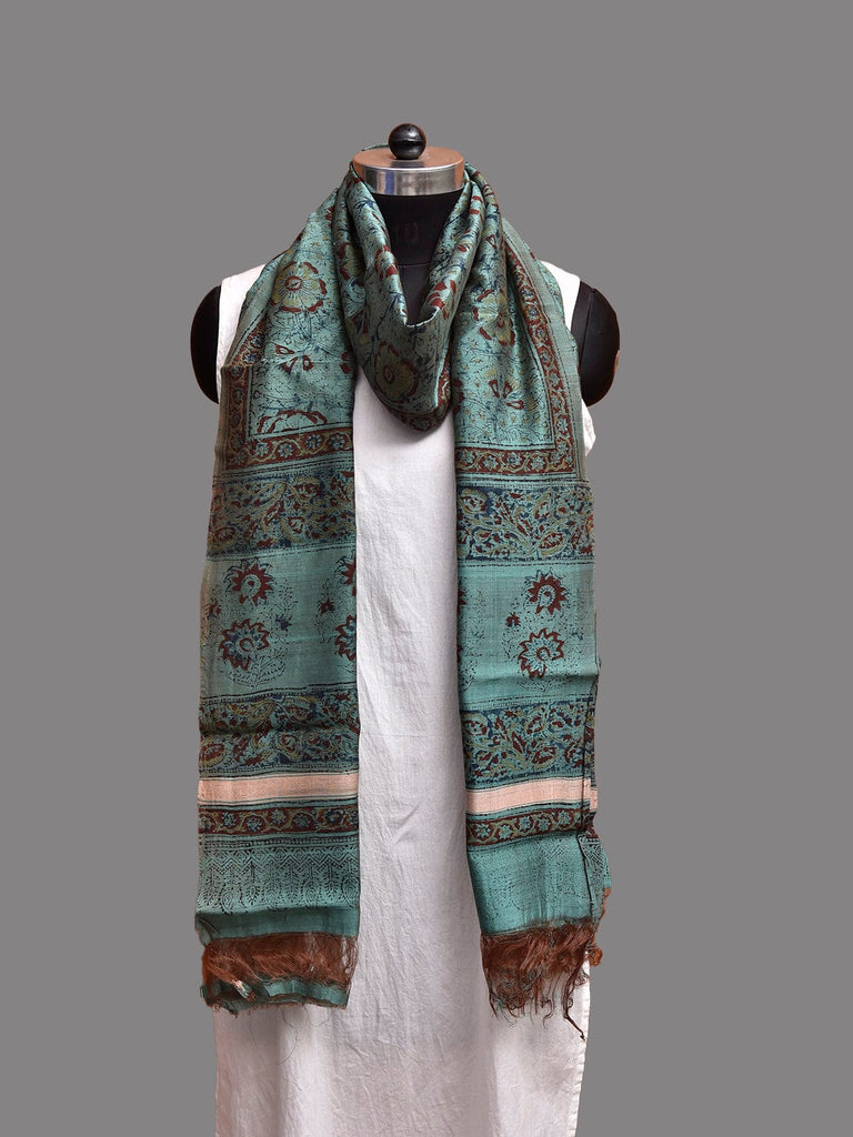 Turquoise Kalamkari Block Print Cotton Silk Dupatta with Floral Design ds3923
