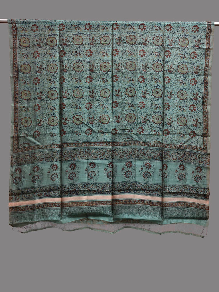 Turquoise Kalamkari Block Print Cotton Silk Dupatta with Floral Design ds3923