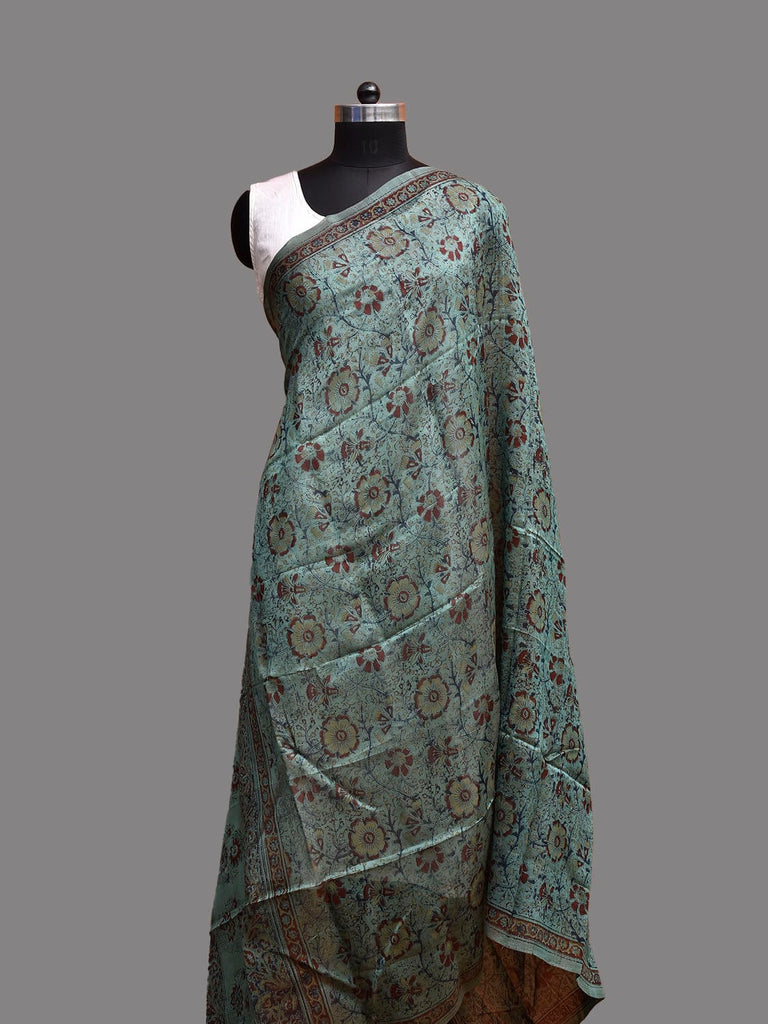 Turquoise Kalamkari Block Print Cotton Silk Dupatta with Floral Design ds3923