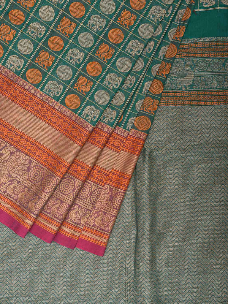 Turquoise Kanchipuram Cotton Saree with Checks Buta and Pallu Design k0791