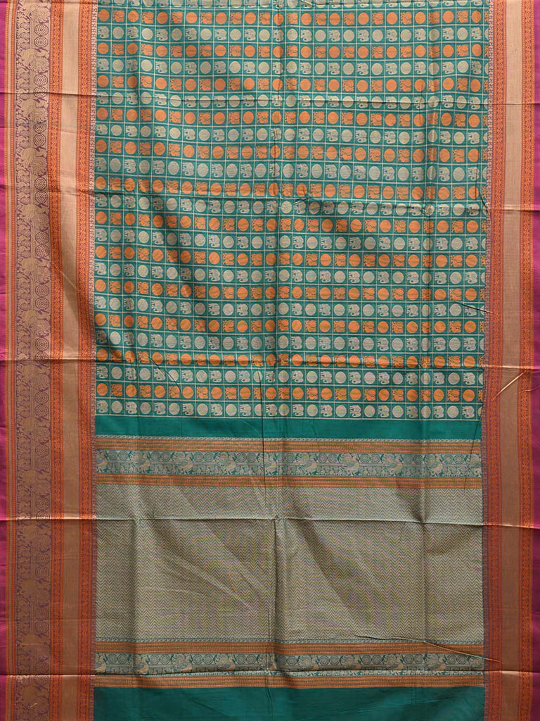 Turquoise Kanchipuram Cotton Saree with Checks Buta and Pallu Design k0791