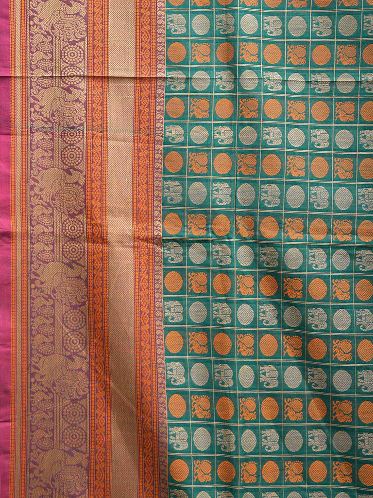 Turquoise Kanchipuram Cotton Saree with Checks Buta and Pallu Design k0791